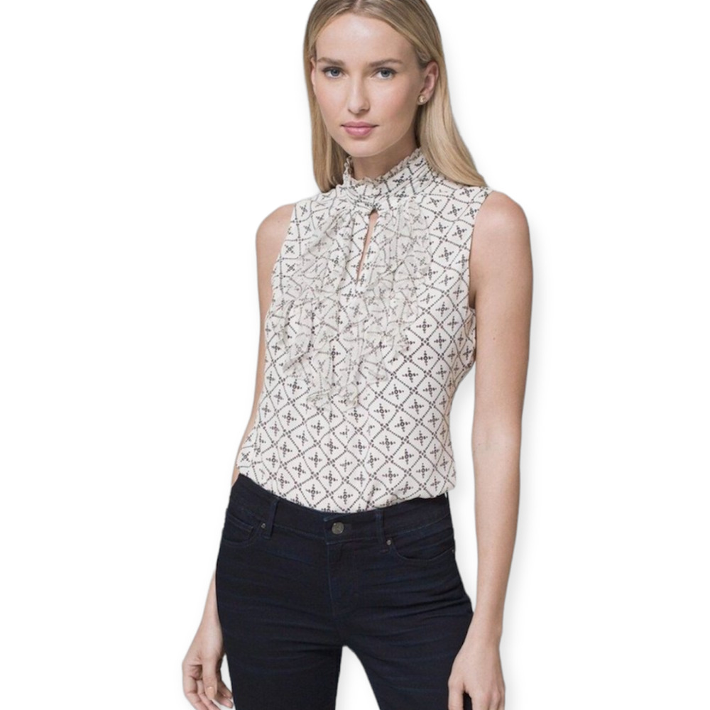 WHBM Ruffle-Trim High-Neck Printed Shell in Ecru and Black Size 2